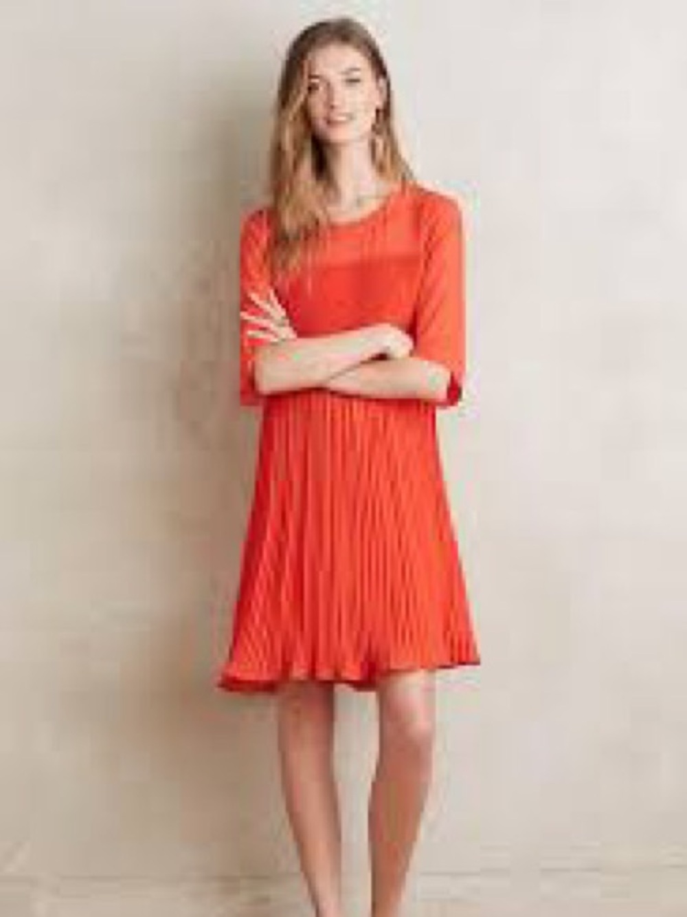 Anthropologie Maeve bright orange Pleated Chiffon Shift Dress